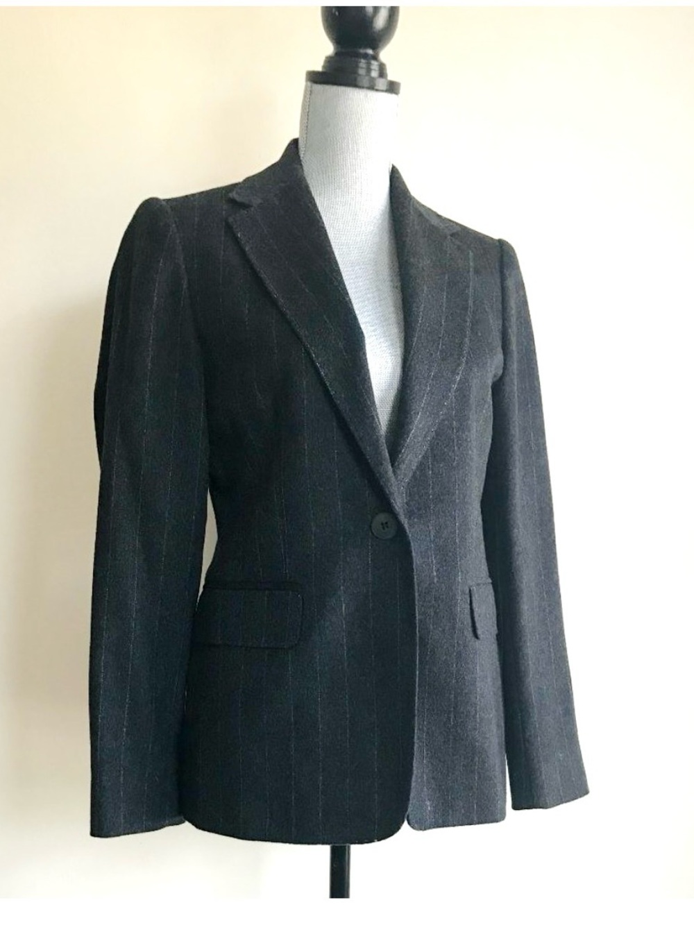 $875 Cinzia Rocca Due Gray Tan Pinstripe One-Button Angora Wool Blazer Jacket 6